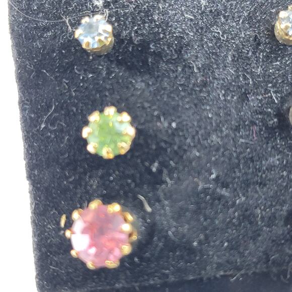 Vintage "Diamond Trio" Stud Earrings Set, 3 Pairs with Pink, Green & Blue Stones - Picture 6 of 10